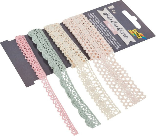 Häkelbordüren Set Pastell von folia aus Baumwolle im Vintage-Look in Grün, Natur und Natur-Rose - Bild 1