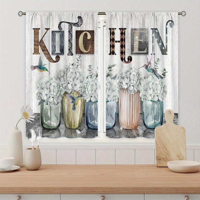 2er-Set Bauernhaus Küchenvorhänge im Vintage-Stil mit Gabel- und Messer-Motiv, halbtransparent, Mehrfarbig, B: 60 cm, H: 60 cm - Bild 1