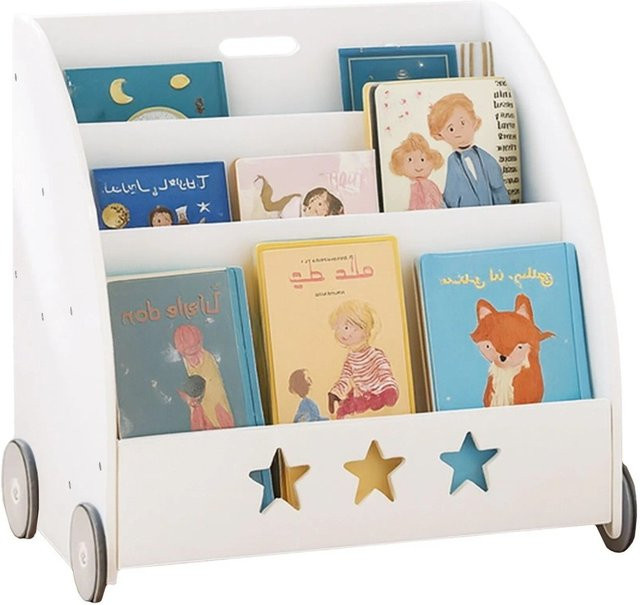 Relaxdays Kinderbücherregal aus MDF in Weiß mit Sternmuster, fahrbar, B/T/H: 57 x 62 x 42 cm - Bild 1
