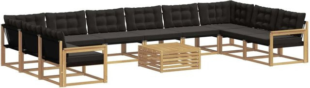 vidaXL Outdoor-Sofagarnitur in U-Form aus Akazienholz und Textilene, 11-teilig, Weiß-Schwarz - Bild 1