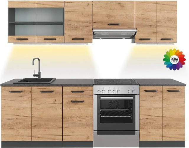 Vicco Raul Küchenzeile Goldkraft Eiche Anthrazit mit LED-Leisten Breite: 240 cm, Höhe: 82 cm, Tiefe: 60 cm - Bild 1
