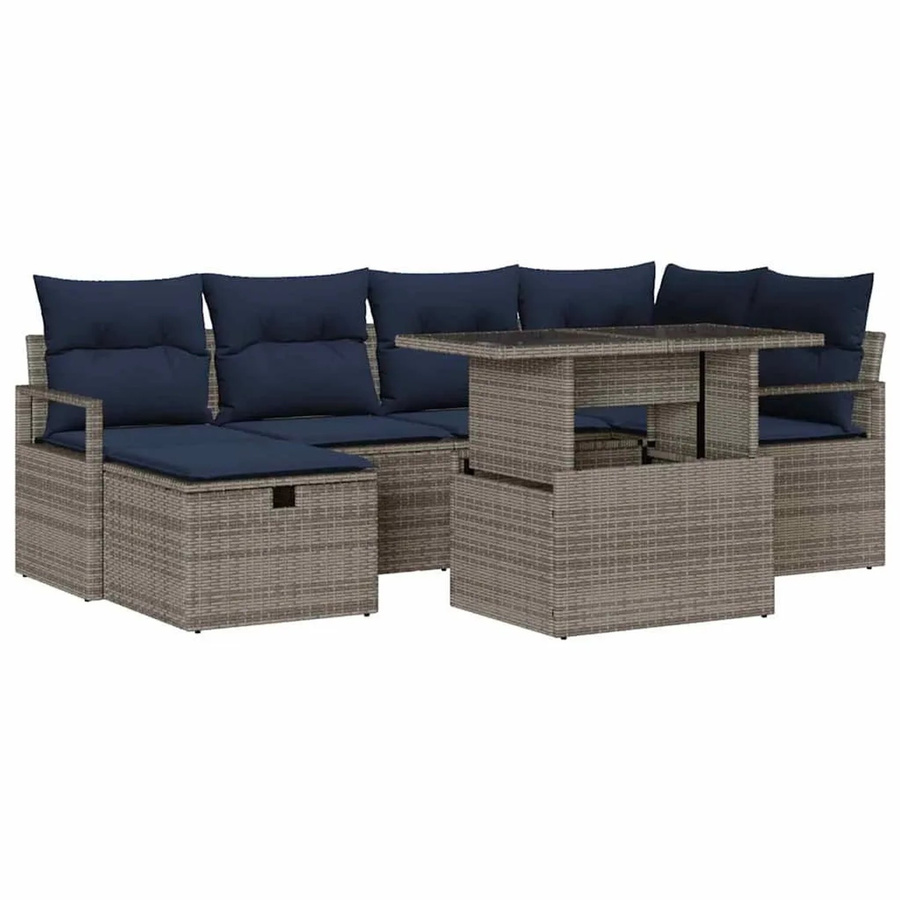 vidaXL Gartensofa-Set aus Poly-Rattan in L-Form, 7-teiliges Lounge-Set mit Kissen und Stauraum, Grau/Schwarz - Bild 2