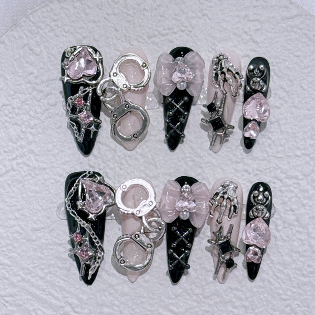 Qsezeny Kunstnägel Stiletto, blaues Herz, Diamant, Schleife, Glänzend - Bild 1