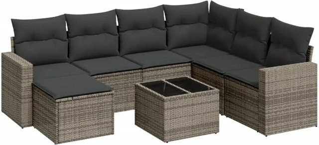 vidaXL 8-teilige Garten-Sofagarnitur in L-Form mit Kissen und Couchtisch, Grau, Poly-Rattan und Metallrahmen - Bild 1