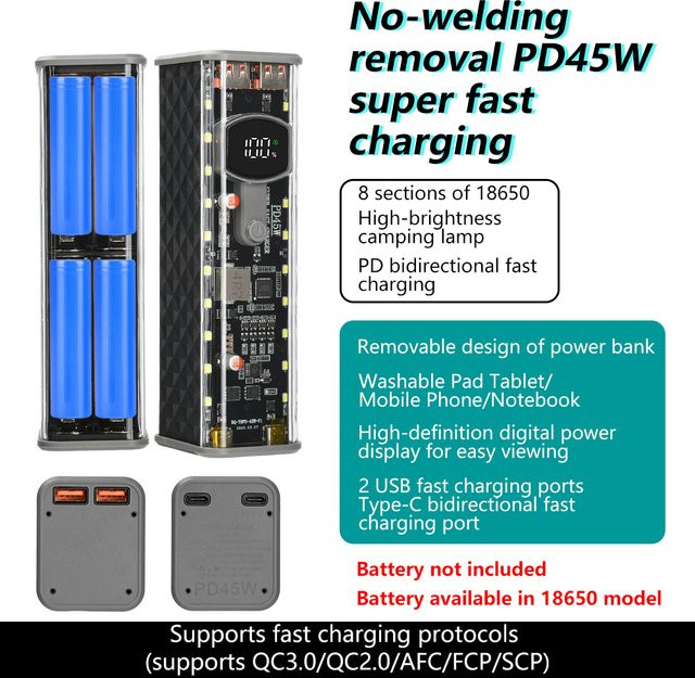 occkic PD45W Powerbank-Gehäuse für 8x 18650 Akkus, lötfreies Batteriegehäuse mit integrierter Außenbeleuchtung, Farbe: Gelb - Bild 1