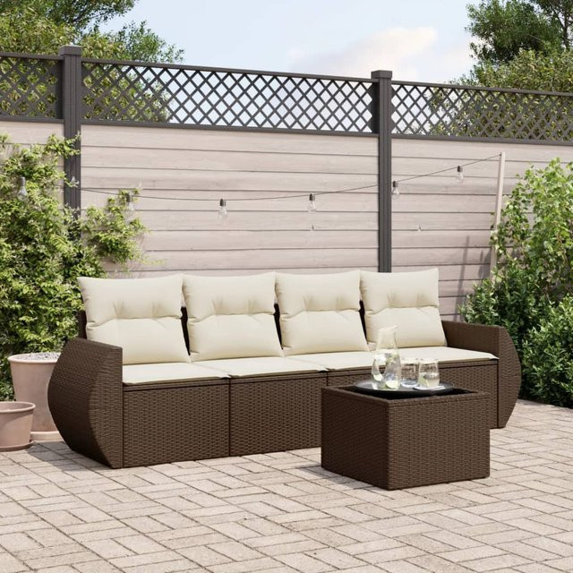 vidaXL 5-tlg Garten-Sofagarnitur in L-Form aus braunem Polyrattan mit wetterfesten Kissen - Bild 3