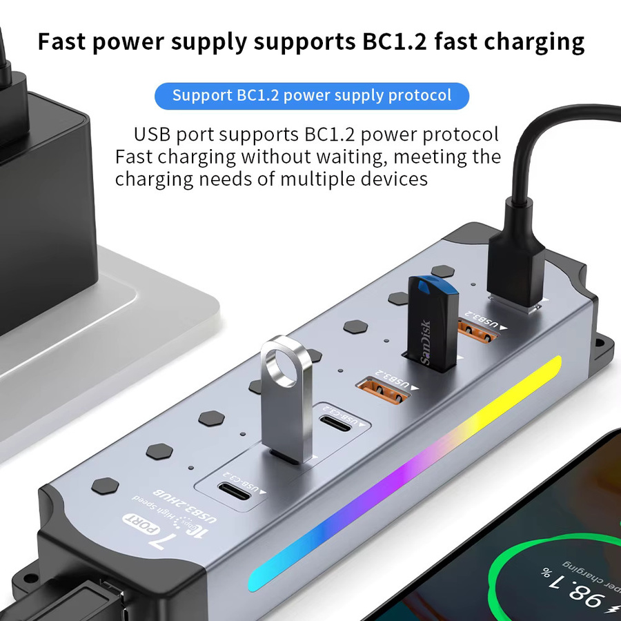 MOSHOU 7-Port USB 3.2 Hub mit USB-A und USB-C Ports, 10 Gbit/s Datenübertragung, Einzel-Schalter, Grau - Bild 3