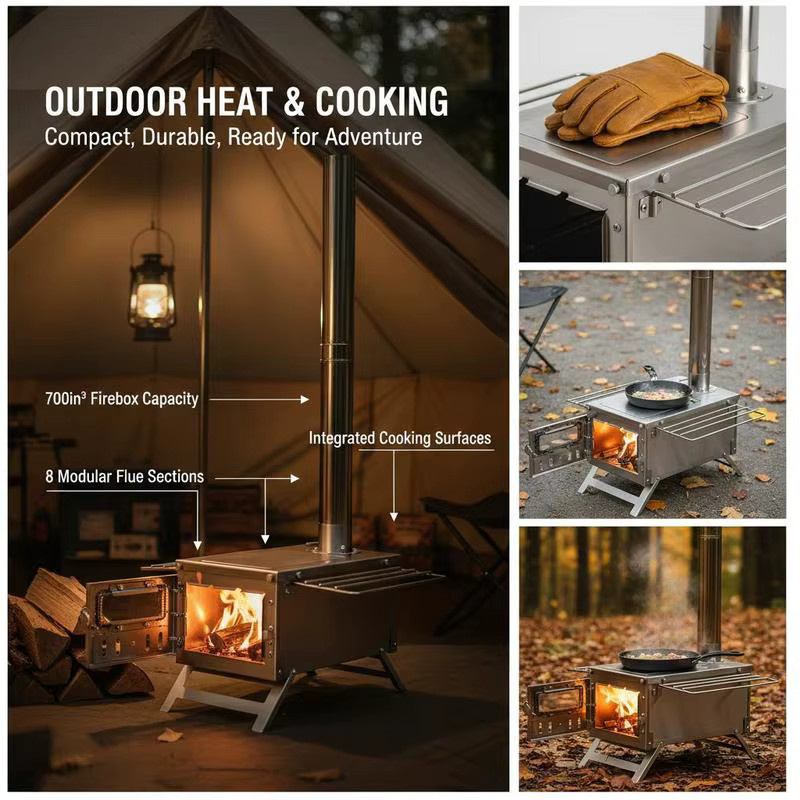 Tragbarer Edelstahl Campingofen für Outdoor-Kochen und Heizen in Schwarz und Silber mit Kaminrohren und Handschuhen - Bild 2