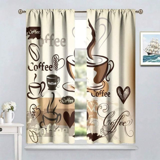 Yiran Furniture Vorhangset mit Gabel Löffel Messer Motiv in Beige, 2er-Pack, B: 70 cm, H: 185 cm - Bild 1