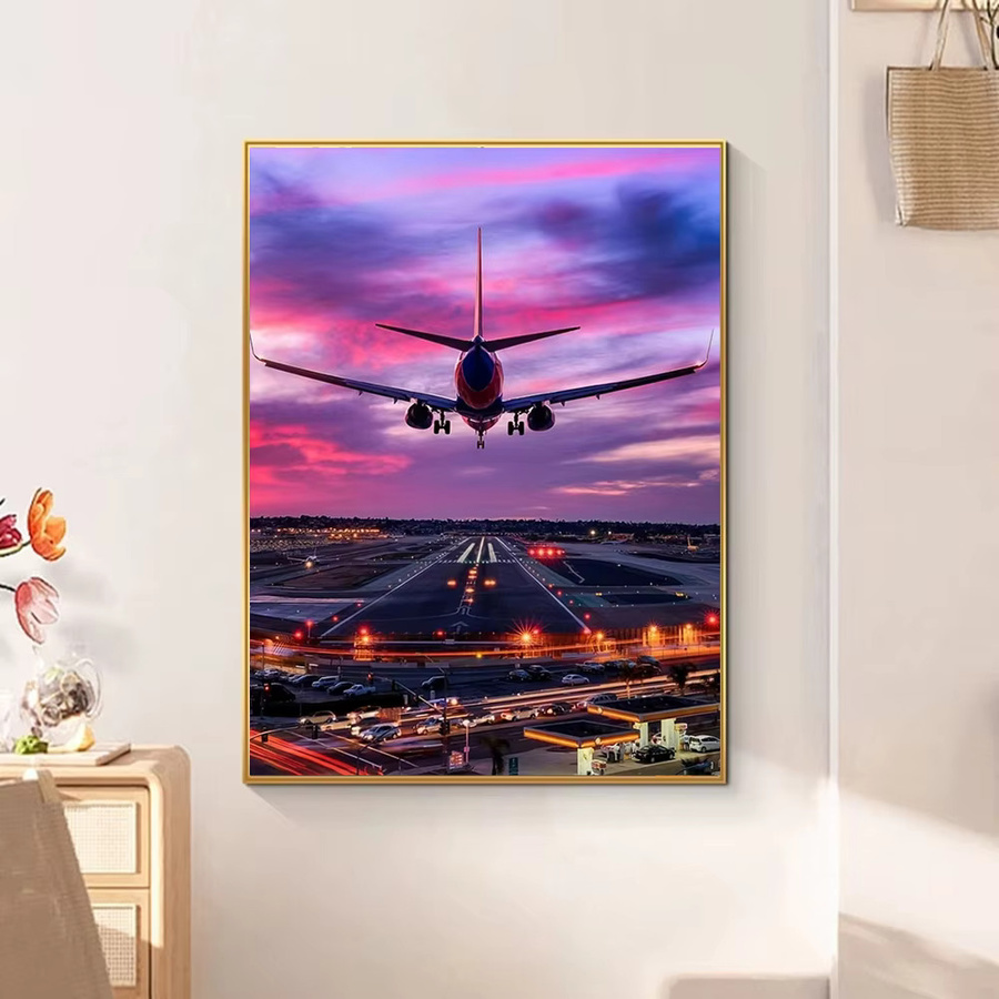 Huacan Diamantmalerei-Set Flugzeug-Landschaftsmotiv in Multicolour, Rundes Strass-Bild für die Wandgestaltung, Breite: 30,0 cm, Höhe: 20,0 cm - Bild 2