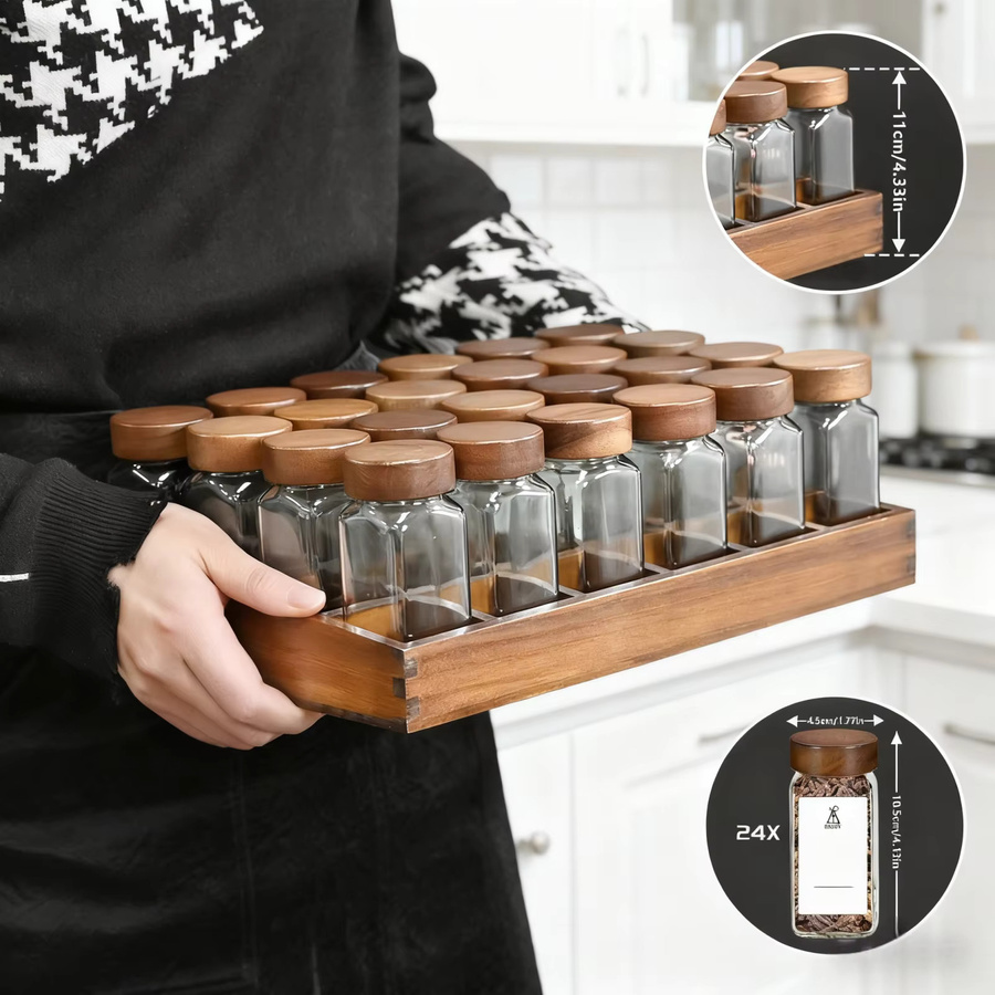 Saeiv Gewürzregal aus Akazienholz mit 12 Gewürzdosen aus Glas und Etiketten, Farbe: Braun, Volumen pro Dose: 120 ml - Bild 4