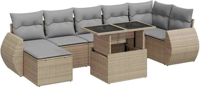 vidaXL 8-teilige Garten-Sofagarnitur in L-Form aus Poly-Rattan mit Kissen in Beige-Grau - Bild 1