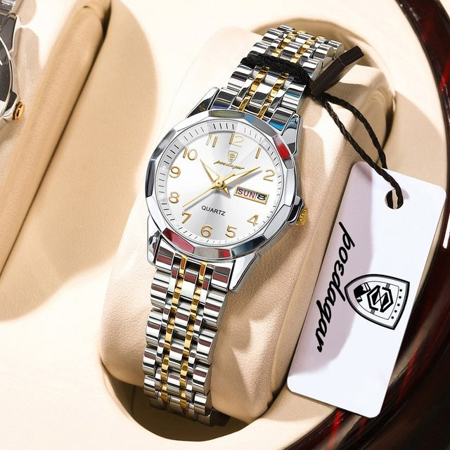 POEDAGAR Armbanduhr Edelstahl, Quarz, Silber, Damen, Datum, Wochentag - Bild 1