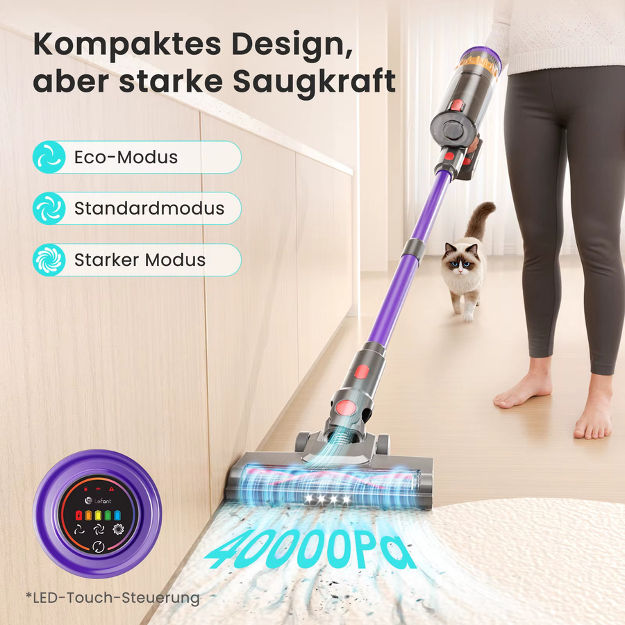Lefant V1 Akku-Handstaubsauger mit 40kPa Saugkraft, Touchscreen und Zubehör für Tierhaare, Teppiche und Hartböden, Mehrfarbig - Bild 2