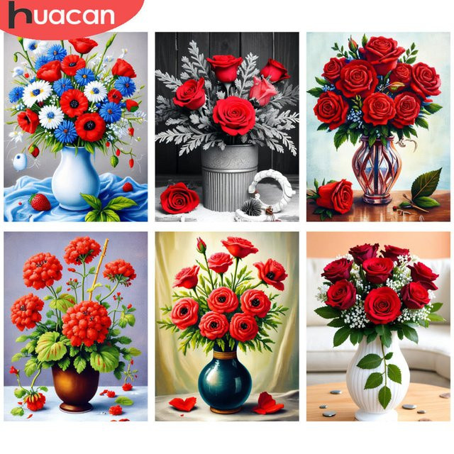 HUACAN DIY 5D Diamantmalerei Set Bunter Blumenstrauß als Kunst Mosaik Bild in Mehrfarbig mit runden Steinen B/H: 30 x 20 cm - Bild 1