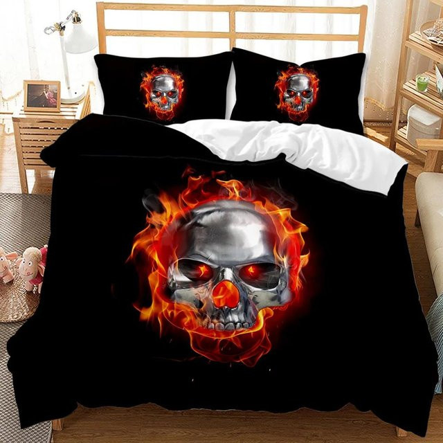 Your Warm Home Totenkopf Bettbezug-Set mit 2 Kissen aus Polyester in Schwarz, Halloween Gothic Design für Teenager und Erwachsene, Breite: 70 cm, Länge: 133 cm - Bild 1