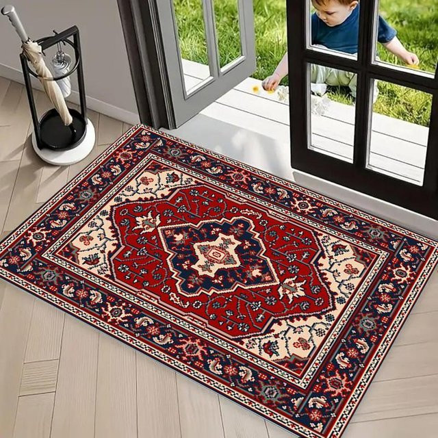 Orientalische Medaillon-Fußmatte mit Blumenrand in Weiß und Rot, rutschfeste Vintage Bodenmatte aus Polyester, B/B: 40 x 60 cm - Bild 1