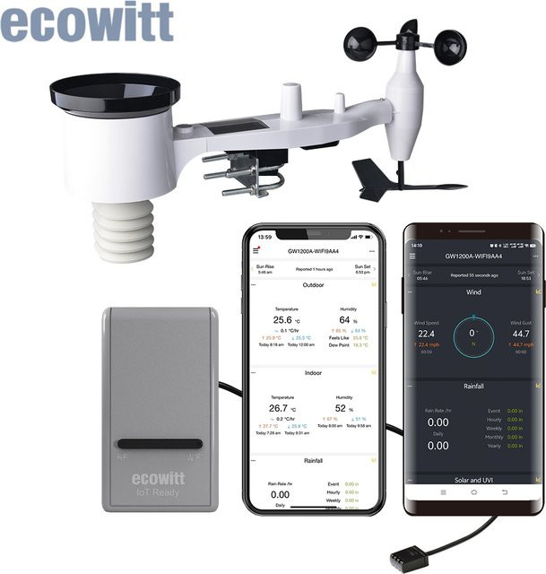 Ecowitt GW1201 7-in-1 WLAN-Wetterstation mit GW1200 IoT-Gateway und solarbetriebenem WS69 Außenwettersensor-Array in Weiß - Bild 1
