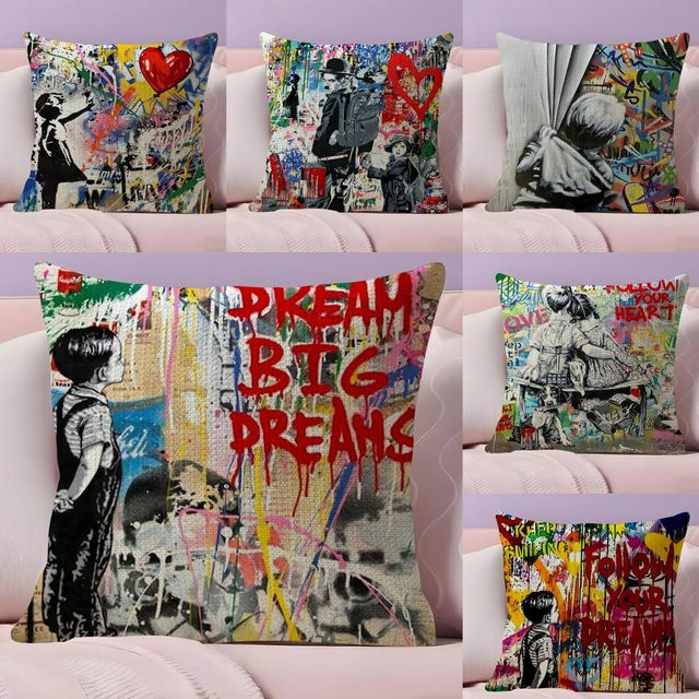 B-Banksy Street G-Graffiti Art Kissenbezug aus Bio-Leinen in Weiß und Multicolour, quadratisch, Breite: 30 cm, Höhe: 30 cm - Bild 1
