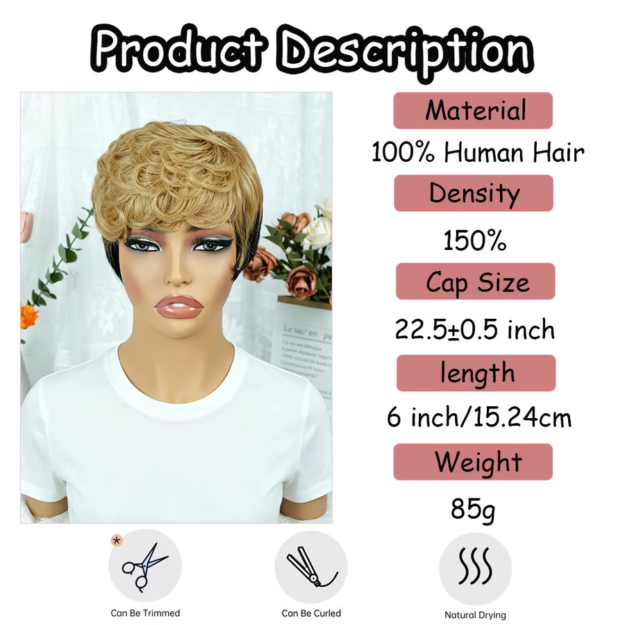 OYM HAIR Afro Kinky Curly Bob Perücke, Echthaar, Schwarz Champagnerfarben, mit Pony - Bild 3