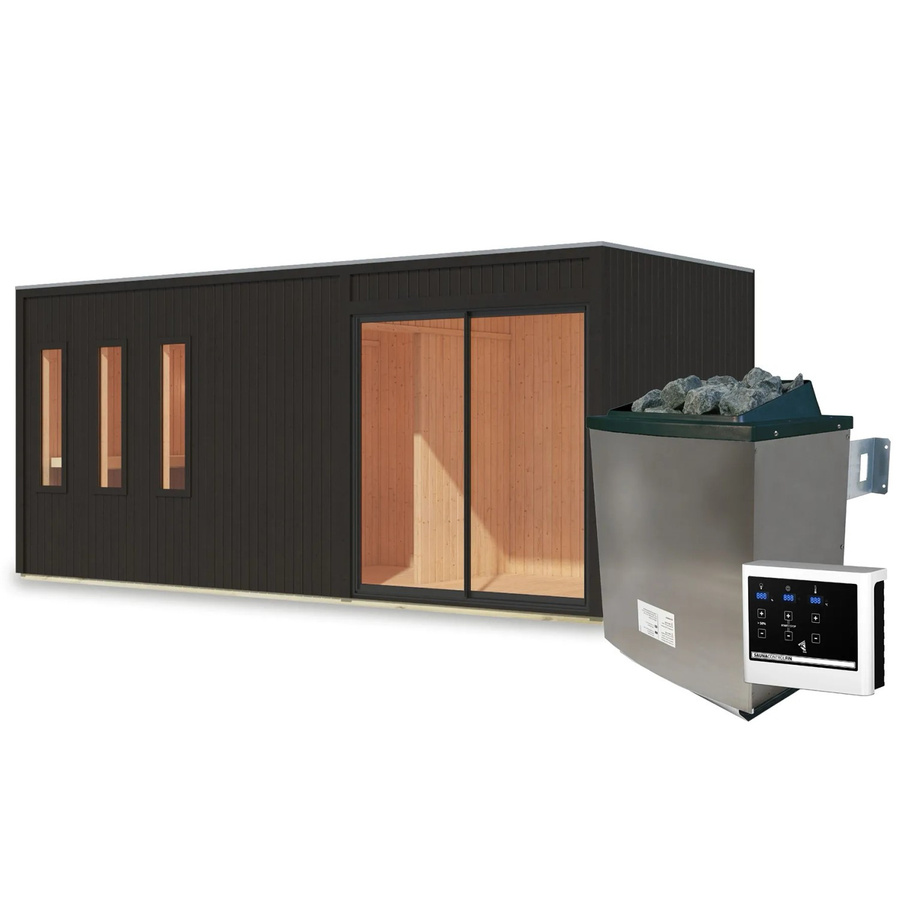 Karibu Saunahaus Huelva mit externem 9 kW Ofen in Schwarz, modernes Design in Elementbauweise - Bild 2