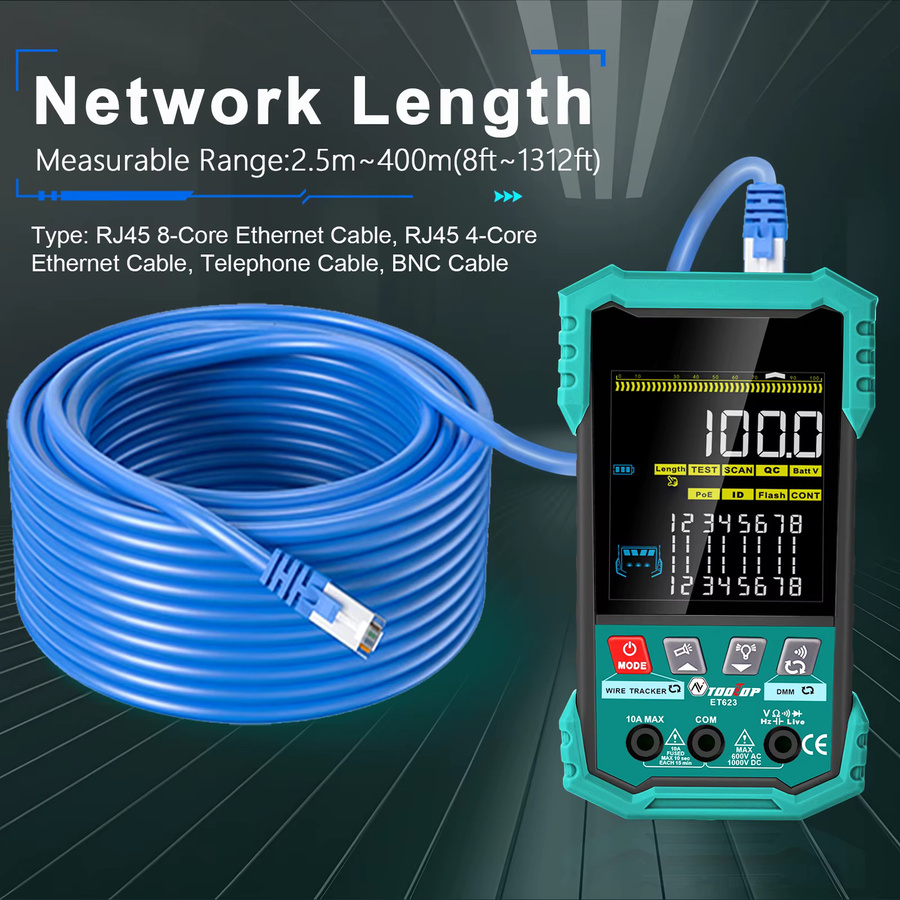 TOOLTOP ET622/623 Netzwerkkabel-Tester mit PoE-Test, QC-Crimping, Breakpoint-Detection und 400m Kabellängenmessung - Bild 4