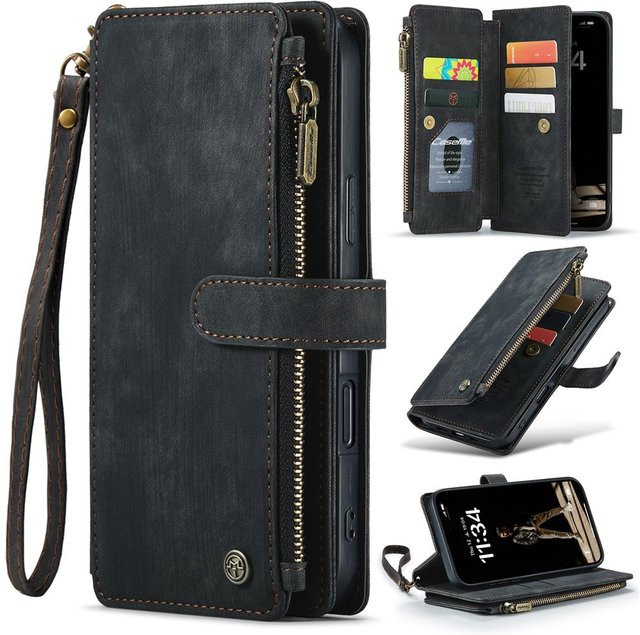 Leder Handyhülle mit Lanyard und Geldbörse für Apple iPhone 16 15 14 13 12 Pro Max Plus Mini in Schwarz - Bild 1