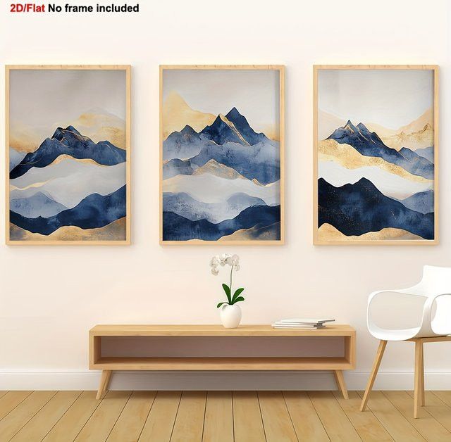 3er-Set moderne Leinwand-Wanddekoration mit abstraktem Berg-Motiv in Blau und Gold - Bild 1