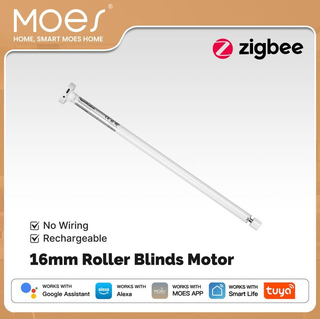 MOES Tuya ZigBee Smart Rolladenmotor Weiß, wiederaufladbarer Schattentreiber für 17 mm, 25 mm und 28 mm Röhren, kompatibel mit Alexa und Google Home - Bild 1