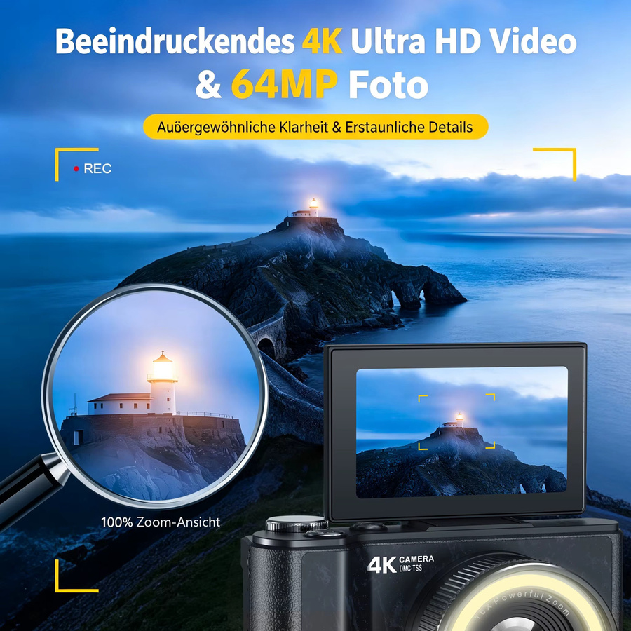 W&O Kompakte Digitalkamera in Schwarz mit 4K, 16X Digitalzoom und 180° Flip-Screen für Vlogging und YouTube inklusive 32GB Speicherkarte - Bild 2