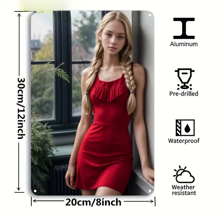 HELLOYOUNG Vintage Aluminium Blechschild Blondes Mädchen im roten Kleid Wandkunst für Wohnzimmer und Schlafzimmer, Breite: 20,32 cm, Höhe: 30,48 cm - Bild 3