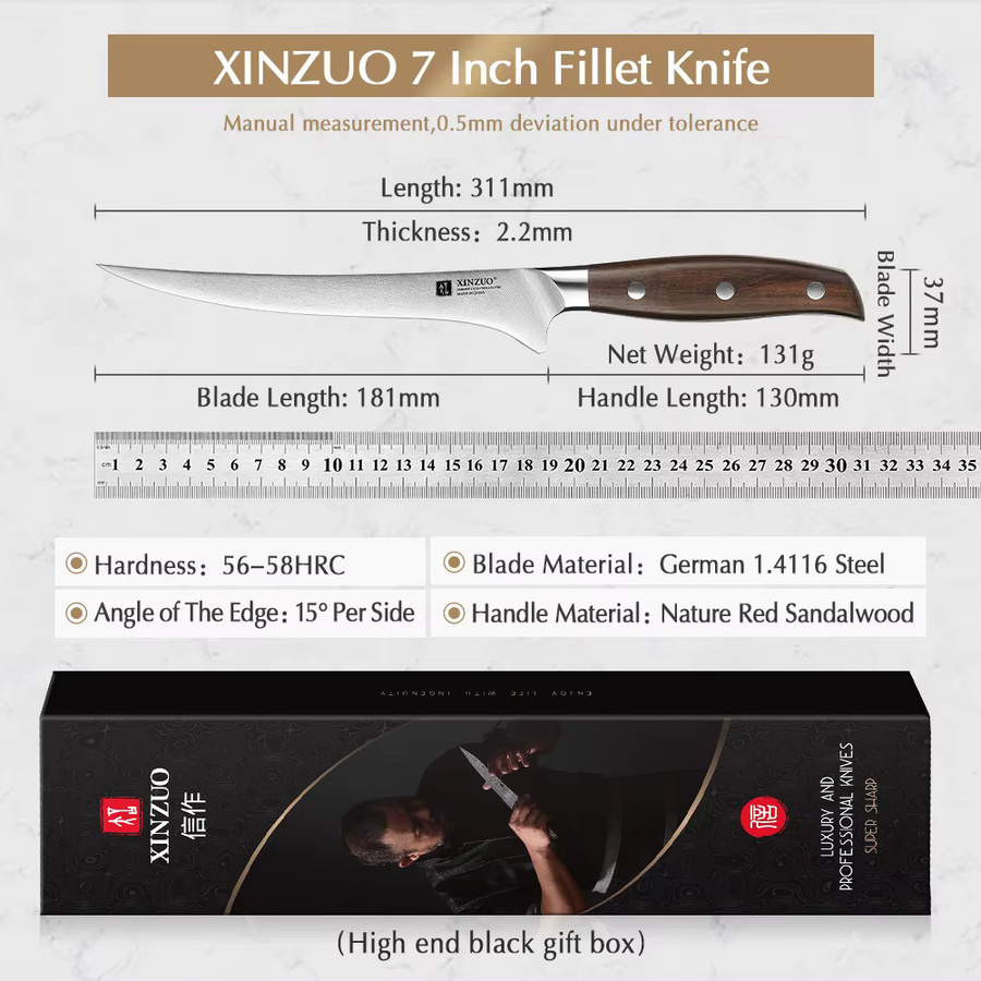 XINZUO Filetmesser aus Edelstahl mit rotem Sandelholzgriff, 17,78 cm, rostfrei und korrosionsbeständig - Bild 3