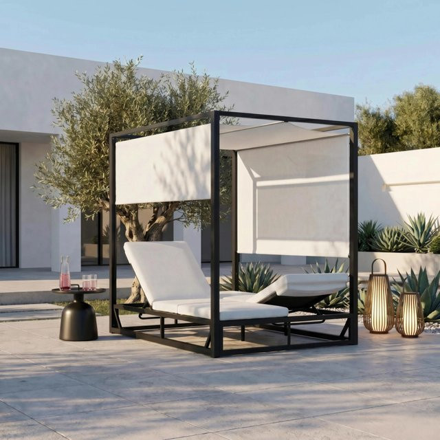 Bessagi Garden Sonnenliege Aviva Weiß mit Sonnendach aus Textilene und pulverbeschichtetem Stahl, B/T/H: 240 x 148 x 76 cm - Bild 1