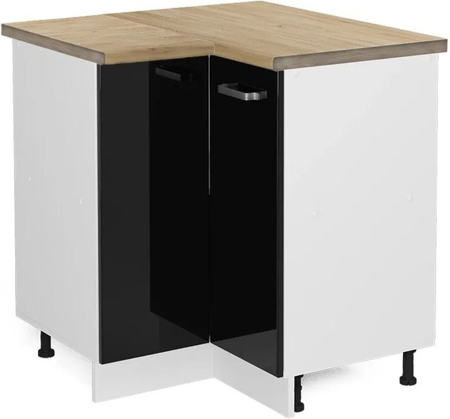 Vicco R-Line Eckunterschrank für die Küche in Schwarz Hochglanz und Weiß mit Eiche Optik, B/T/H: 75,6 x 60,0 x 81,6 cm - Bild 1