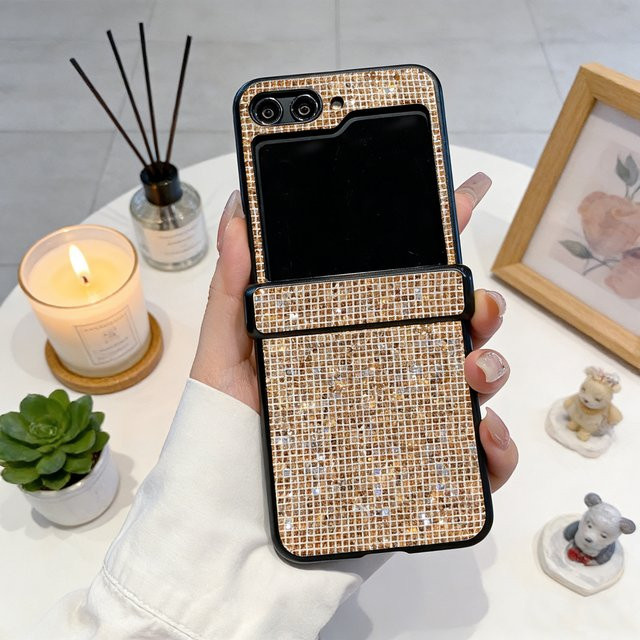 Glänzende Pailletten-Handyhülle für Samsung Galaxy Z Flip 7 6 5 4 3 in Champagner Gold mit Leder-Hartschale - Bild 1