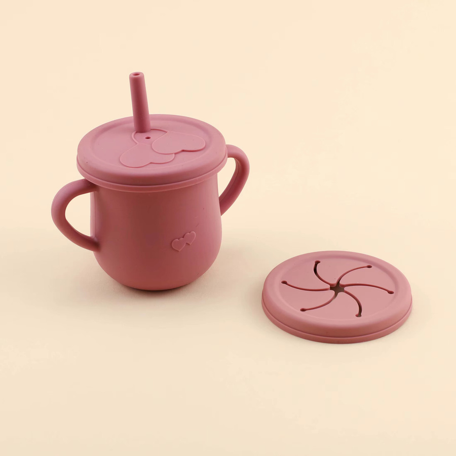 9-teiliges Baby Silikon Geschirr Set mit Cartoon Eichhörnchen, Teller, Schüssel, 2-in-1 Trinkbecher, Snackbecher sowie Löffel und Gabel in Blau und Pink - Bild 2