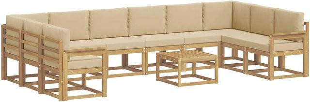 vidaXL Outdoor-Sofagarnitur in L-Form aus Akazienholz mit 11-teiligem Set, Weiß und Beige - Bild 1