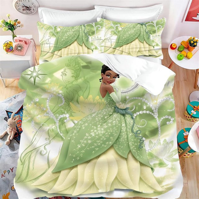 Prinzessin Tiana Kinderbettwäsche-Set aus Mikrofaser in Grün, 3-teiliges Set mit Deckenbezug und Kissenbezügen, B/H: 140 x 200 cm - Bild 1