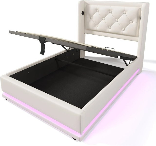 Merax Polsterbett mit LED-Unterbettbeleuchtung und USB-C Ladestation, Weiß, B/T/H: 90 x 200 x 36,12 cm - Bild 1