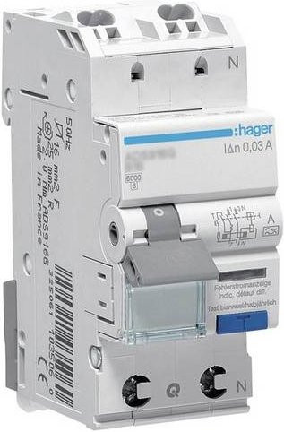 Hager RCBO FI-Schutzschalter und Leitungsschutzschalter 2polig 6A 0,03A 240V in Blau und Weiß - Bild 1