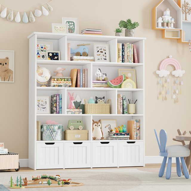 Getone Kinderregal für das Kinderzimmer mit 11 Regalen und 4 Rollschubladen, Spielzeugtruhe und Bücherregal in Pink und Weiß, B/T/H: 125,5 x 33 x 146 cm - Bild 1