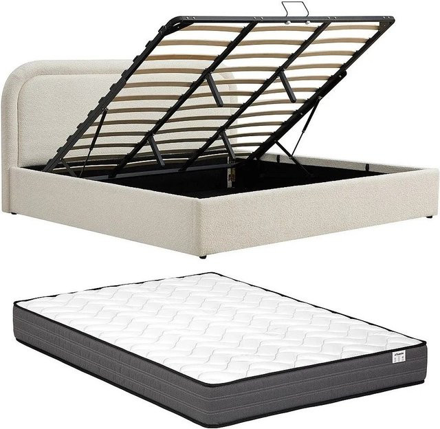 Vente-unique Bett Fidozia in Beige mit Bettkasten und Bouclé-Stoff im skandinavischen Design, B/T/H: 107 x 205 x 216 cm - Bild 1