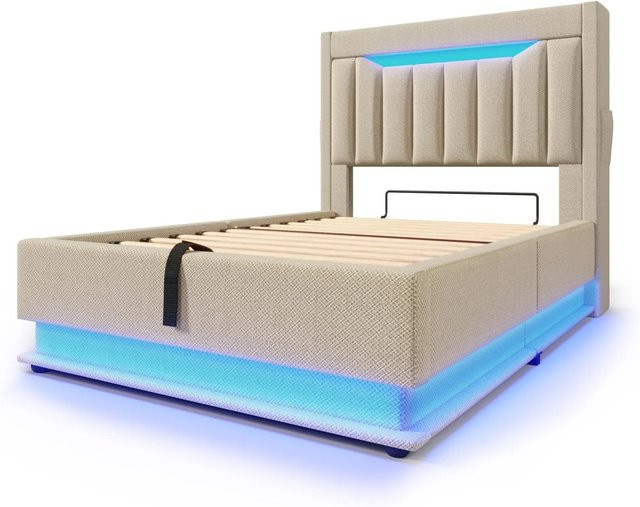 okwish Polsterbett Beige mit LED, Stauraum, USB-Anschluss und Matratze, B/T/H: 90 x 200 x 45,5 cm - Bild 1