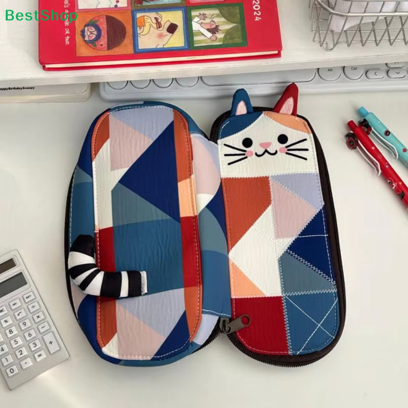 Niedrige Federmäppchen Aufbewahrungstasche mit Cartoon-Katzen-Design im japanischen Patchwork-Stil, mehrfarbig - Bild 3