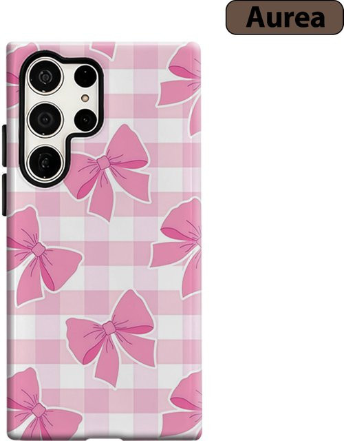 Stoßfeste Handyhülle mit rosa Gingham-Schleifenmuster für Samsung Galaxy S25 Ultra, S24 und S23 Ultra Plus in Pink - Bild 1