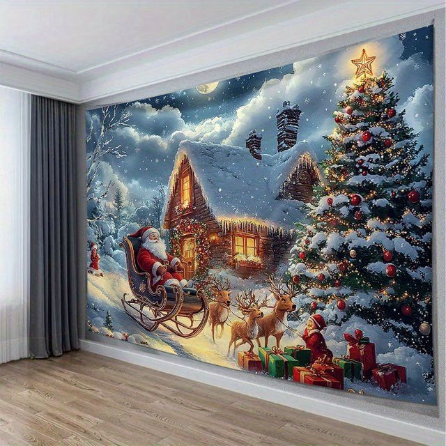 VIKAMA Wandteppich Weihnachten mit Rentierschlitten zur Dekoration für Wohnzimmer und Kinderzimmer - Bild 1