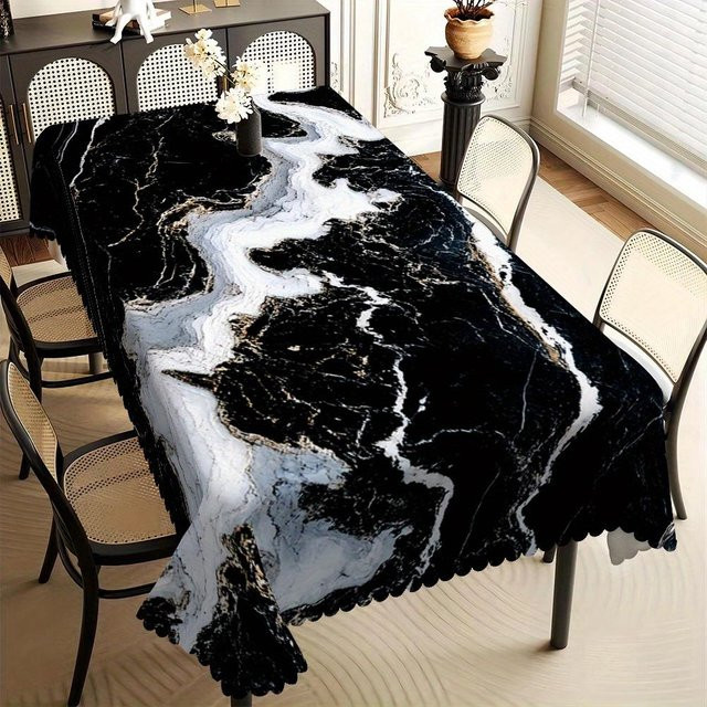 Schwarze Marmor-Tischdecke von JMG Household Supplies mit weißen und goldenen Adern, rechteckig, schmutzabweisend und wasserabweisend, B/T: 90 x 140 cm - Bild 1