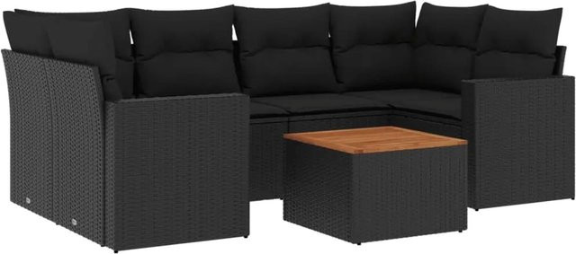 vidaXL 7-tlg Garten-Sofagarnitur aus Poly-Rattan und Akazienholz in Schwarz mit Kissen - Bild 1