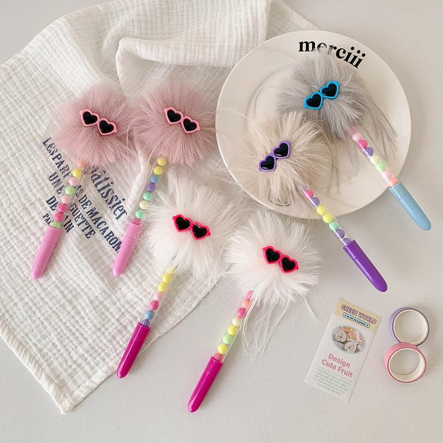 TWBEB Gelstift mit niedlichem Pompon-Dekor und Perlen, 0,5 mm Spitze, Pink und Multicolour - Bild 1