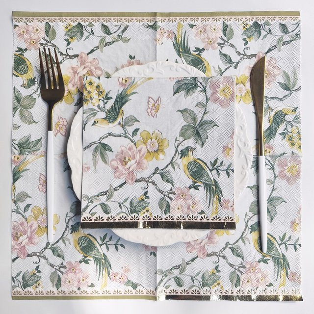 20 Stück Goldfolie-Gästeservietten mit Blumenmuster und Vögeln, 3-lagig, Multicolor - Bild 1